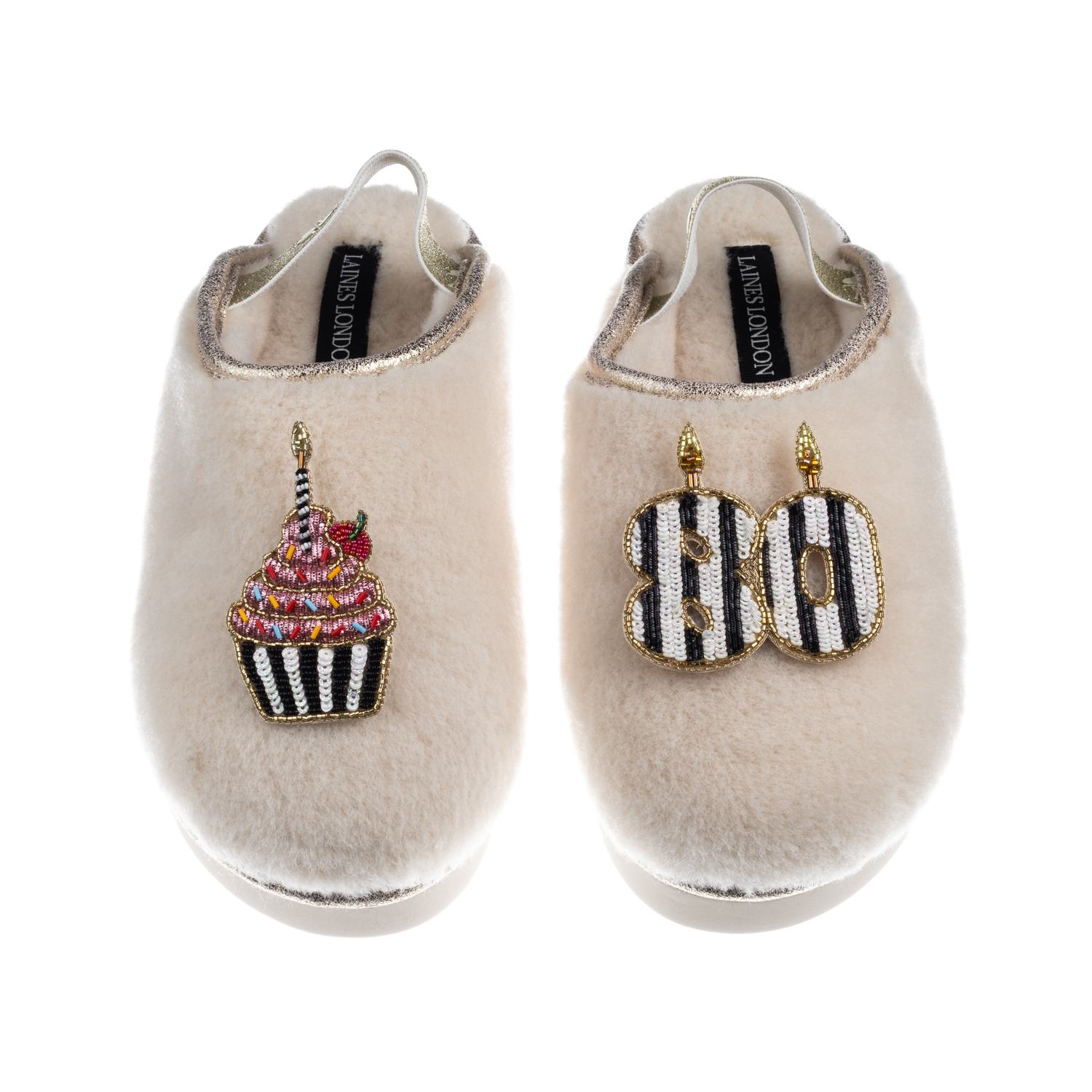 Laines London Women's Gold / Neutrals / White Flatform Cloud Slippers With Stripe 80th Birthday & Cake Brooches -  In Multi