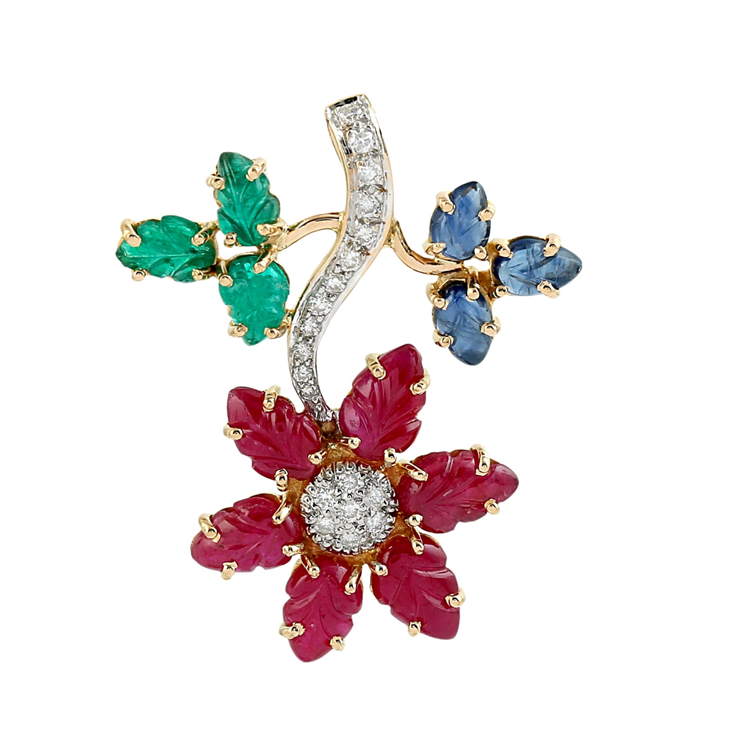 Women's Carved Ruby, Emerald & Sapphire Diamond Floral Pendant In 18K Yellow Gold | Artisan