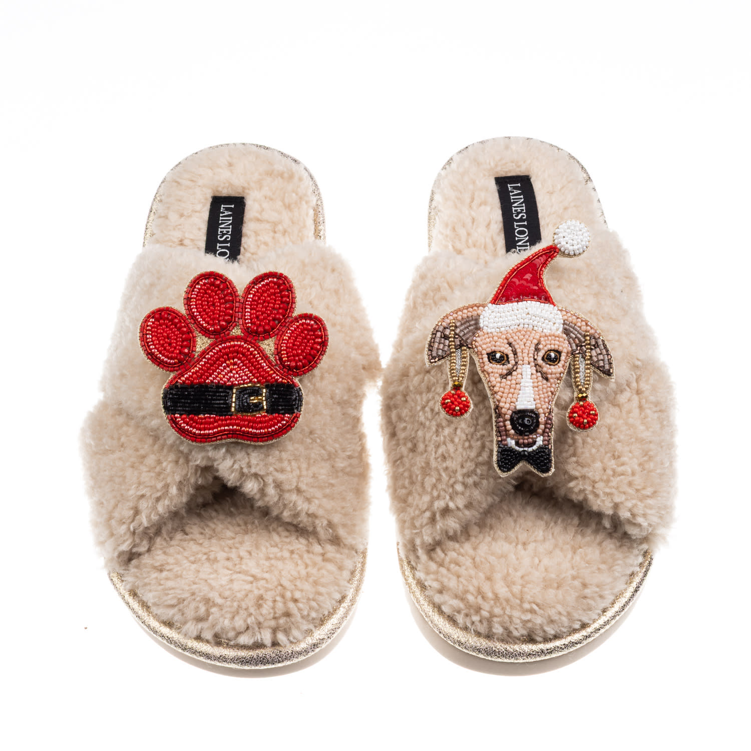 Laines London Women's Brown / Neutrals Laines Boucle Slippers With Christmas Greyhound & Paw Brooches - Oatmeal In Brown