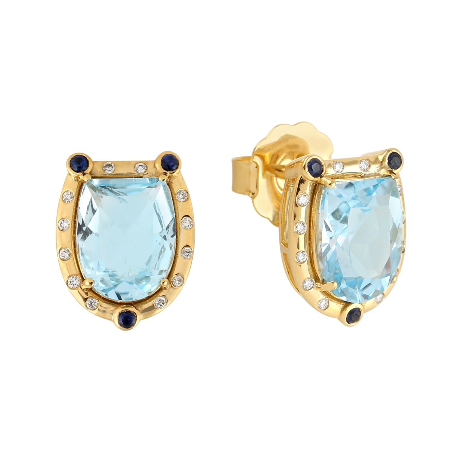 Artisan Women's White / Gold / Blue Natural Blue Sapphire & Topaz Pave Diamond Stud Earrings In Gold In Gold