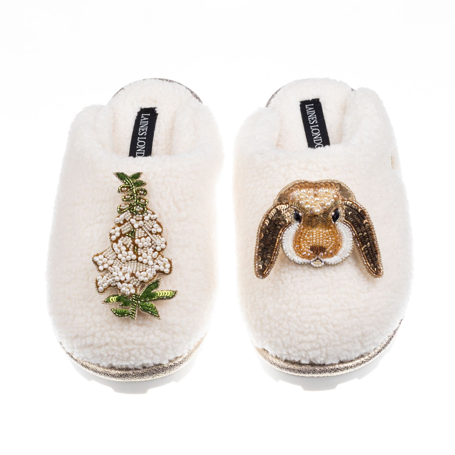 Laines London Women's White / Neutrals Teddy Closed Toe Slippers With Bunny & White Foxglove Brooches - Cream In White