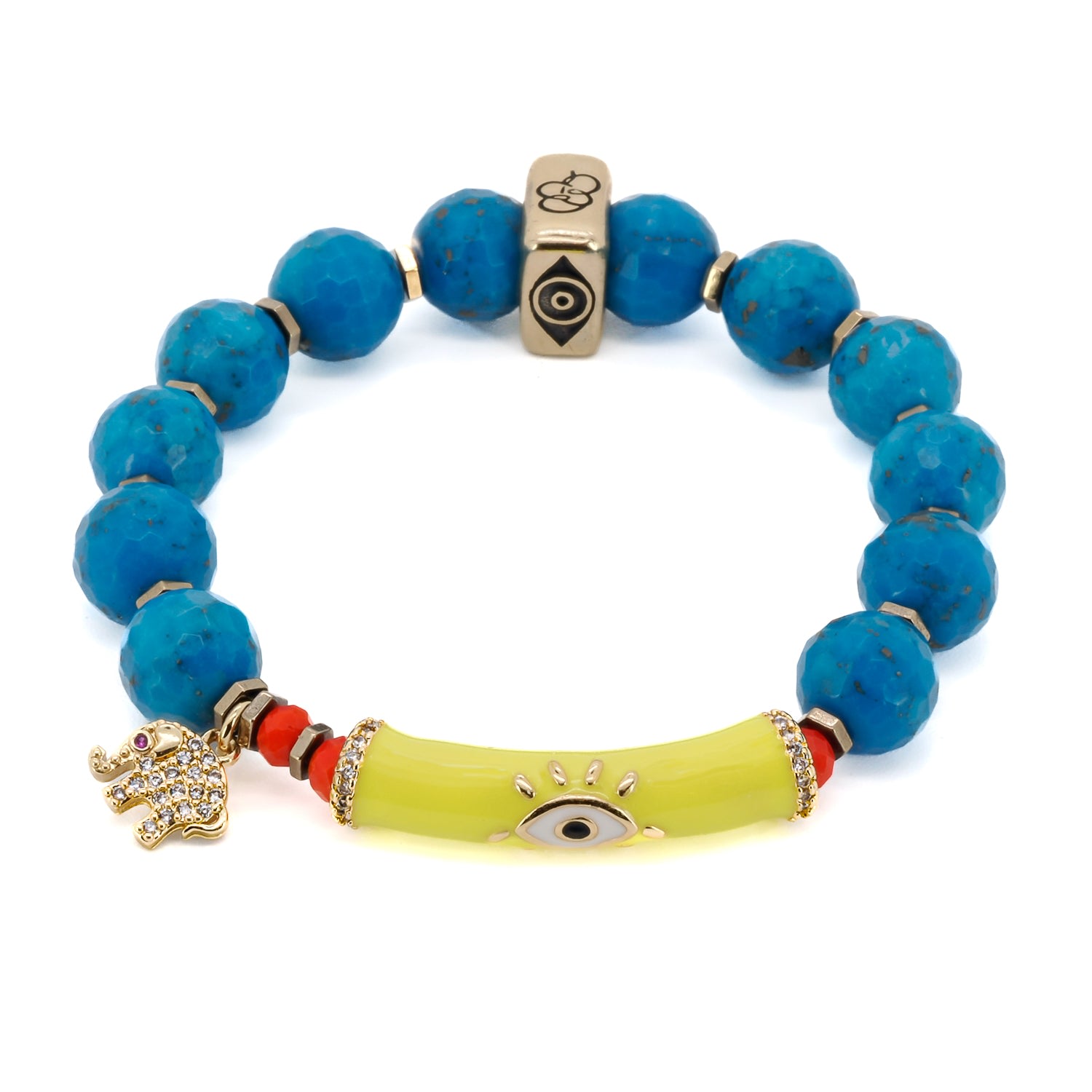 Women’s Yellow / Orange / Gold Turquoise Stone Beaded Elephant & Evil Eye Mystic Symbol Bracelet - Yellow Ebru Jewelry