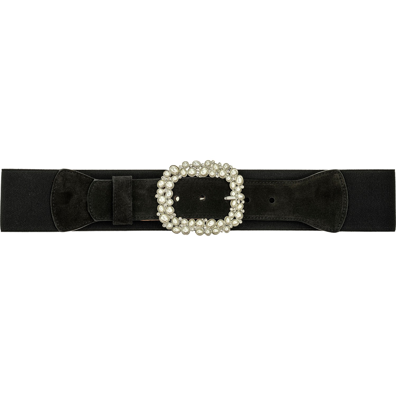 Peachy Belts Ltd Women's Black Elasticated And Suede Belt With Pearl Spangle Buckle