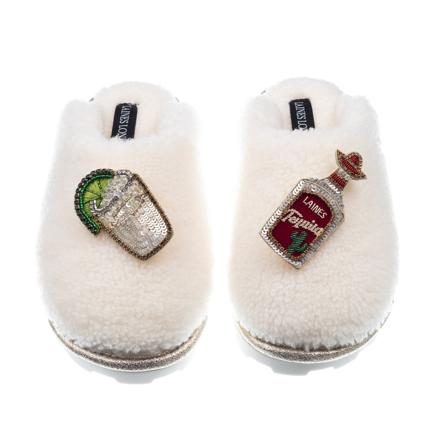 Laines London Women's White Teddy Closed Toe Slippers With Tequila Slammer Brooches - Cream