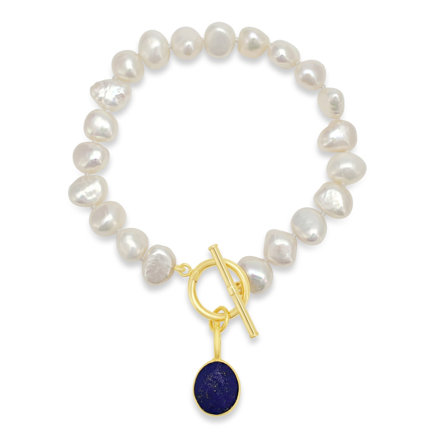 Pearls Of The Orient Online Women's White / Blue Clara White Irregular Cultured Freshwater Pearls Bracelet With A Lapis Lazuli D In Multi