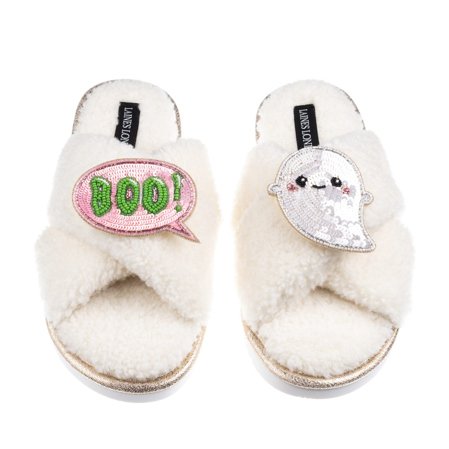 Laines London Women's Neutrals / White Boucle Slippers With Limited Edition Laines Loveables Boo The Ghost Hallowe In White