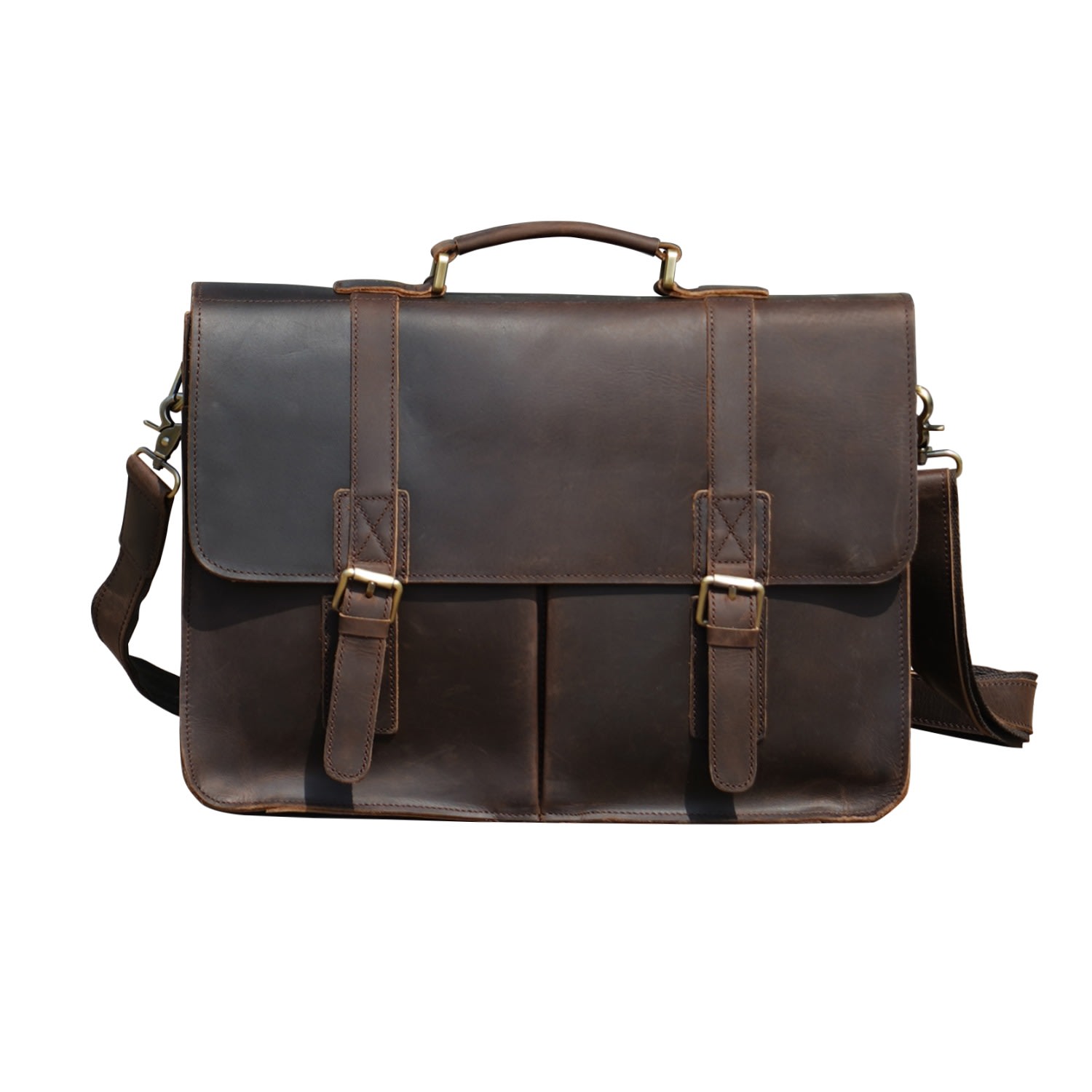 Touri - Worn Look Genuine Leather Briefcase - Dark Brown