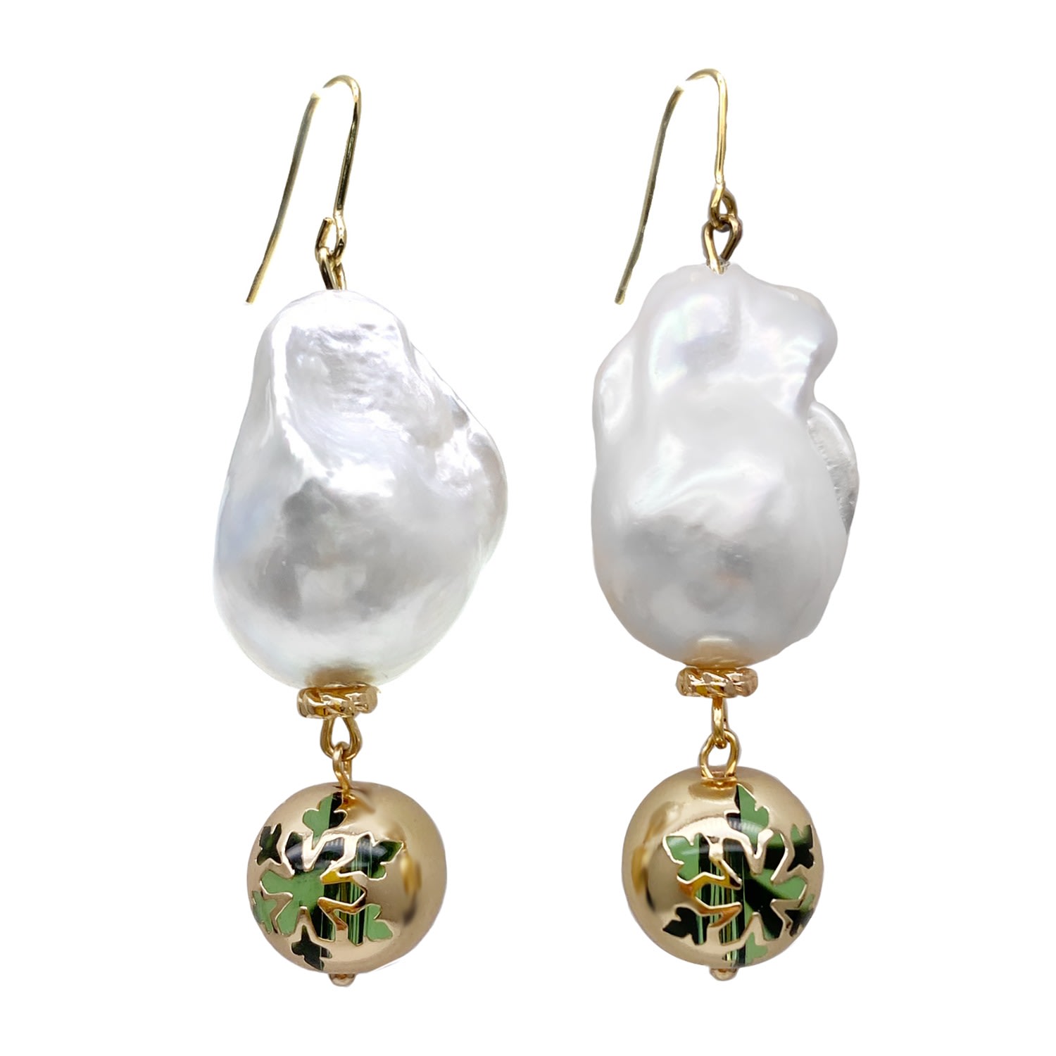 Women’s Green / White Christmas Style Baroque Pearls With Snowflake Ball Dangle Earrings Farra