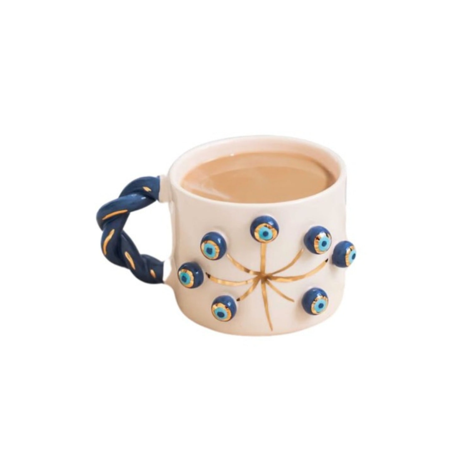 Anatoliacraft White / Blue Handcrafted Evil Eye & Gold Accent Ceramic Mug In Multi