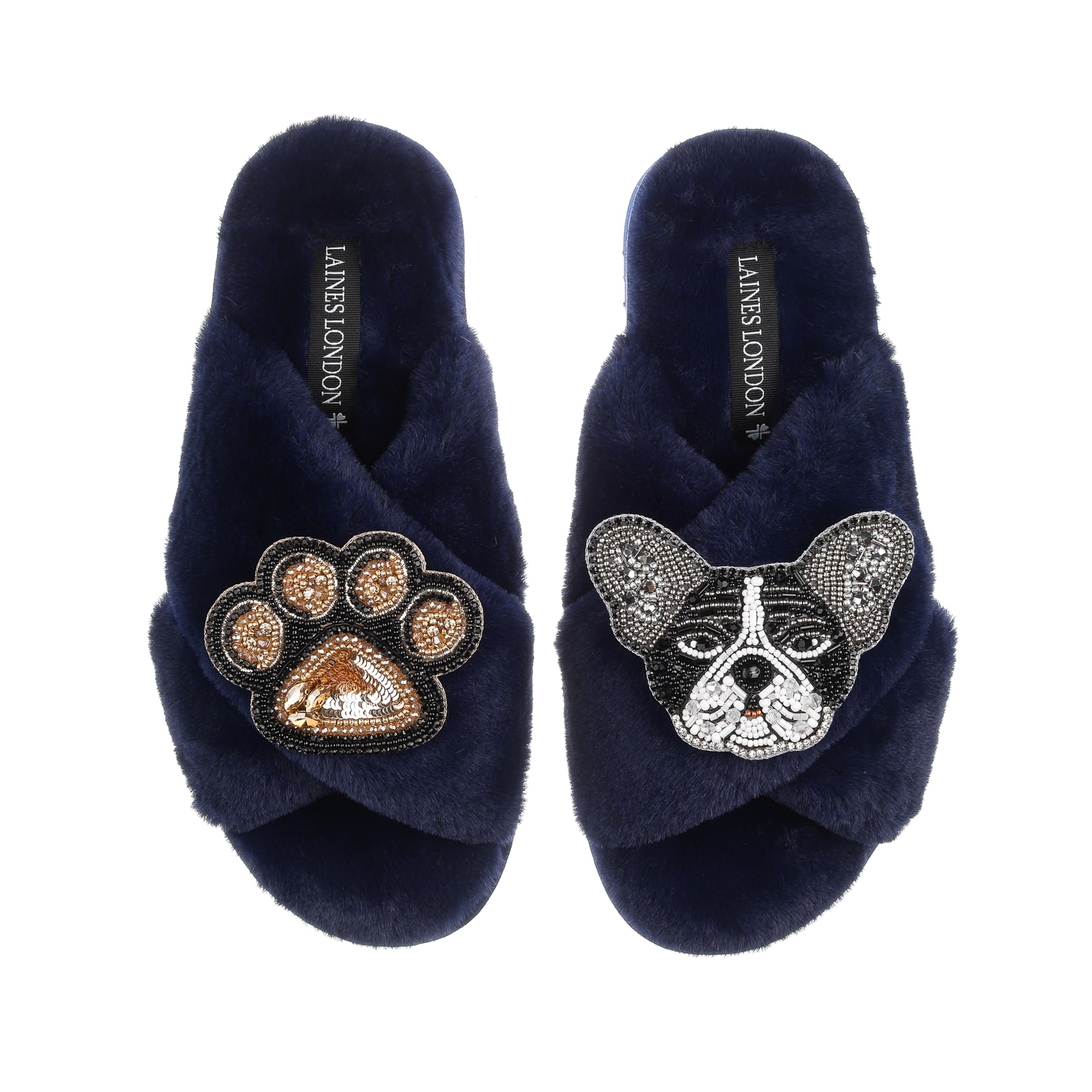 Laines London Women's Blue Classic Laines Slippers With Coco & Paw Brooches - Navy In Blue