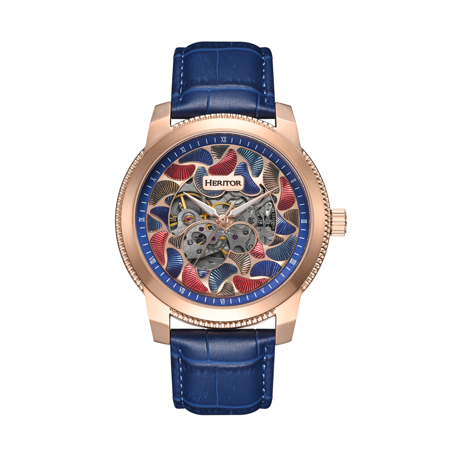 Heritor Automatic Men's Blue / Rose Gold Emmanuel Semi-skeleton Leather-band Watch - Blue, Rose Gold
