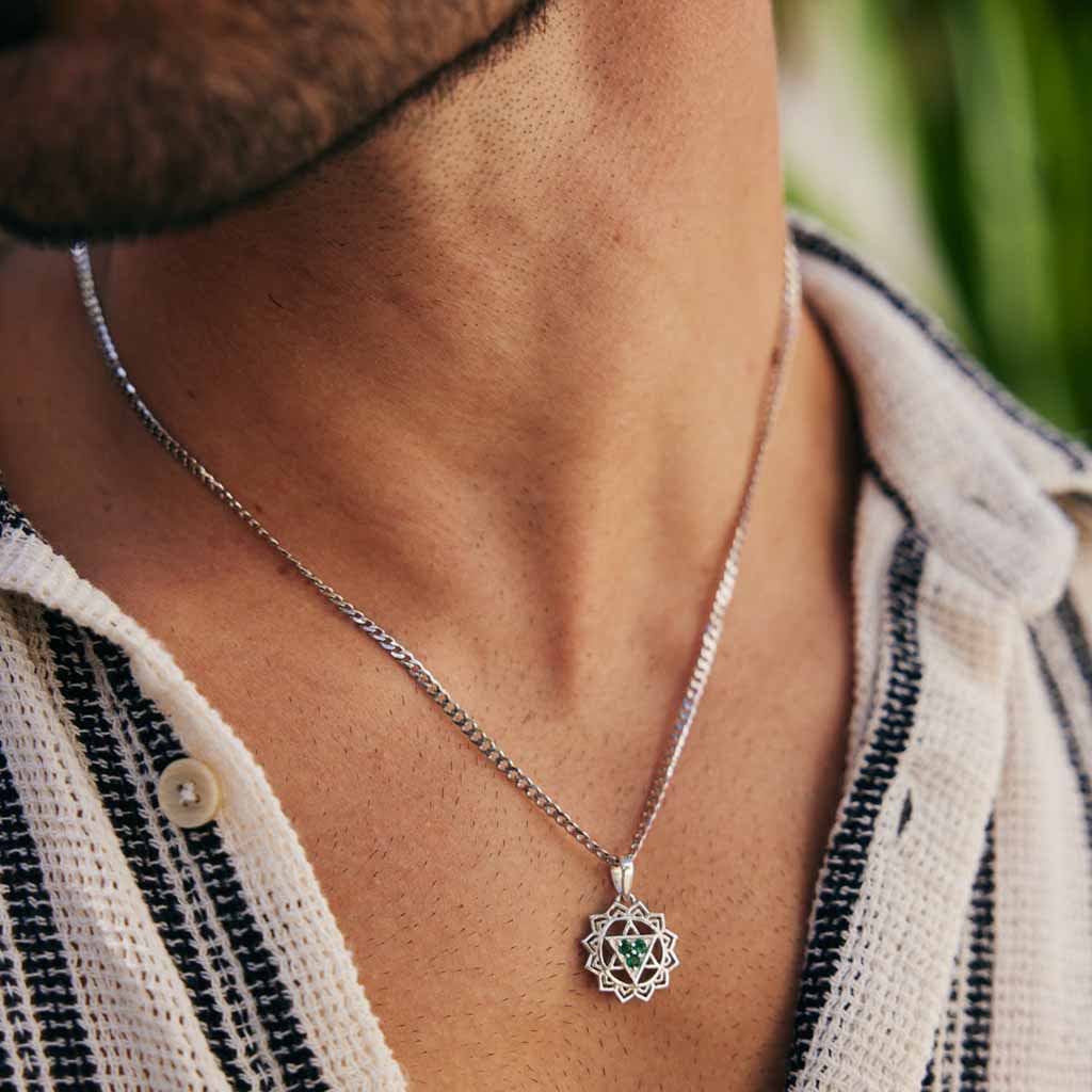 Heart Chakra Men's Silver Necklace Emerald Charlotte's Web - Main Image