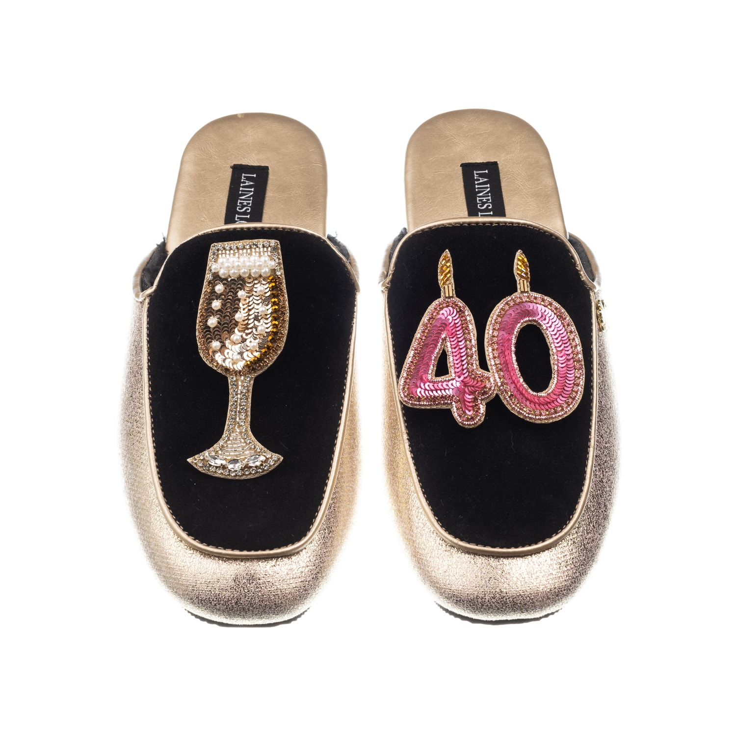 Laines London Women's Black / Gold Classic Mules With 40th Birthday & Glass Of Champagne Brooches - Black & Gold In Multi