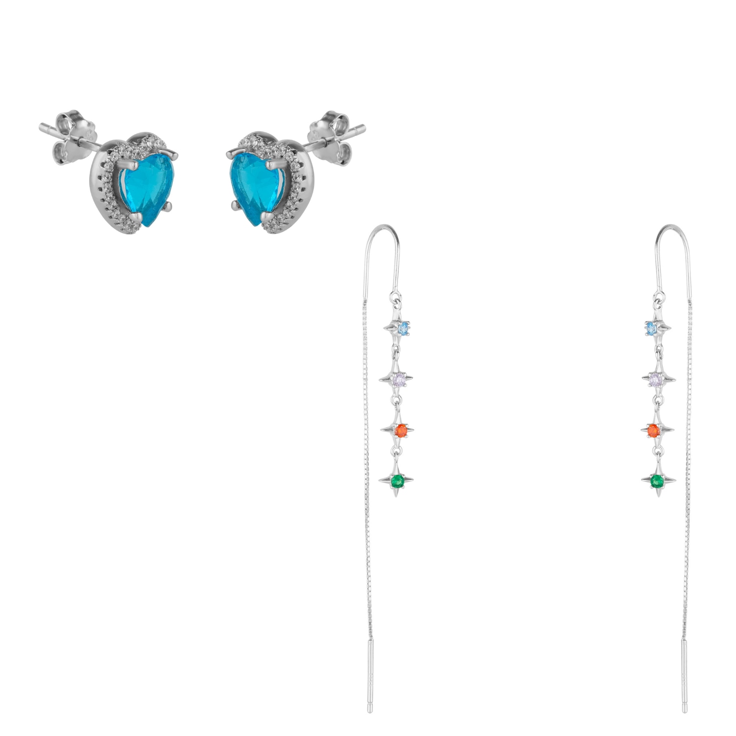Spero London Women's Blue / Silver Multicolour Star Drop Sterling Silver Chain Threader Earrings & Heart Of Ocean