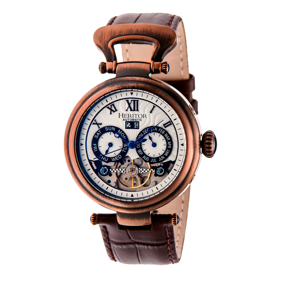 Men’s Silver / Brown Ganzi Semi-Skeleton Leather-Band Watch With Day And Date - Brown, Silver One Size Heritor Automatic