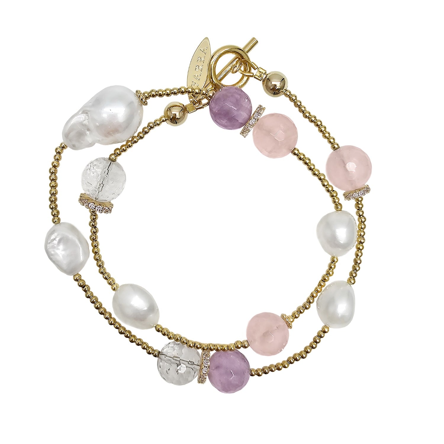 Farra Women's Pink / Purple Baroque Pearls With Rose Quartz And Amethyst Double Layers Bracelet