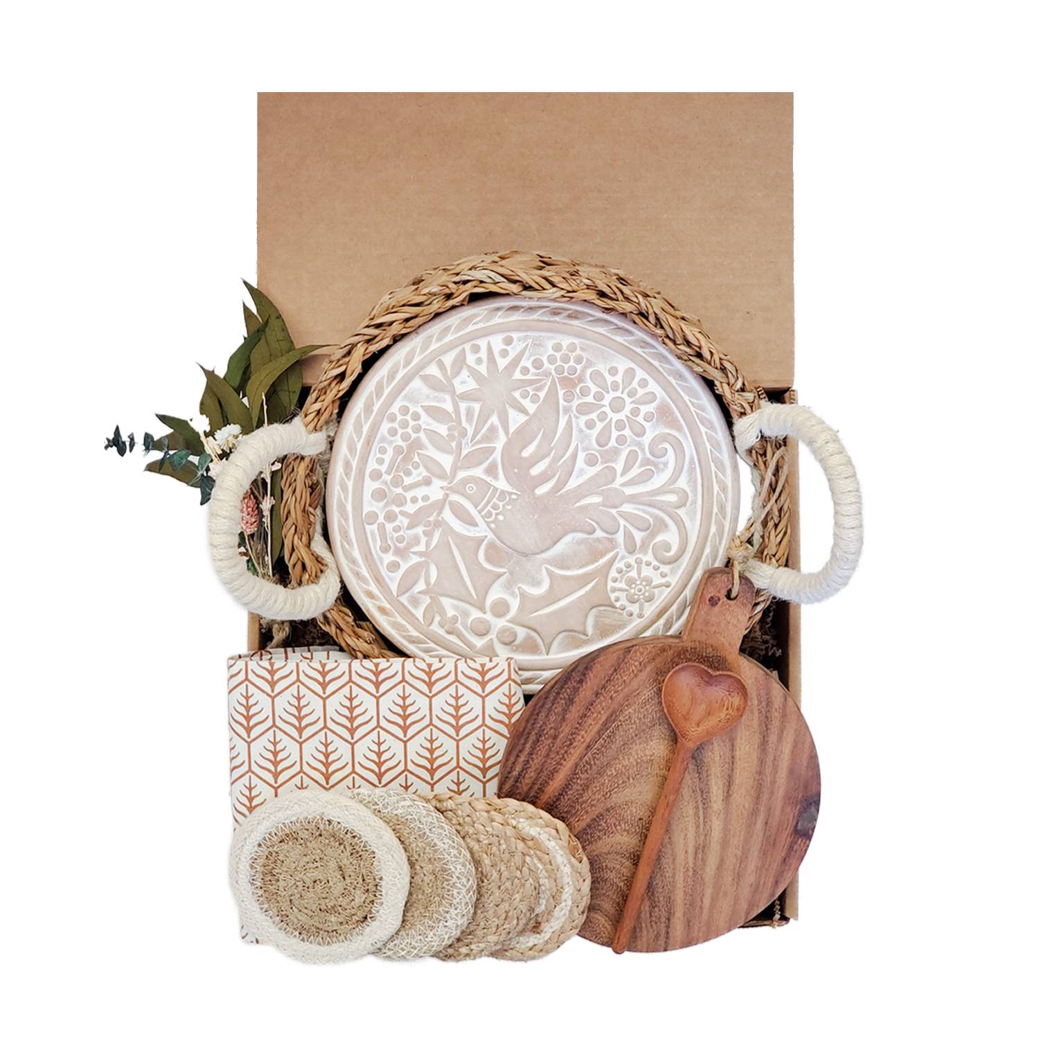 Korissa Bread Warmer Gift Box With Round Wooden Board, Spoon And Light Brown Tea Towel - Bird Round