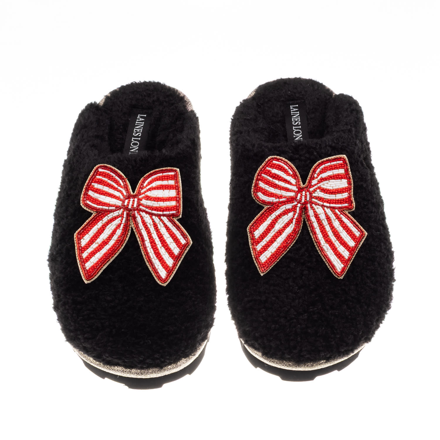 Laines London Women's Teddy Closed Toe Slippers With Red Stripe Bow Brooches - Black In Black