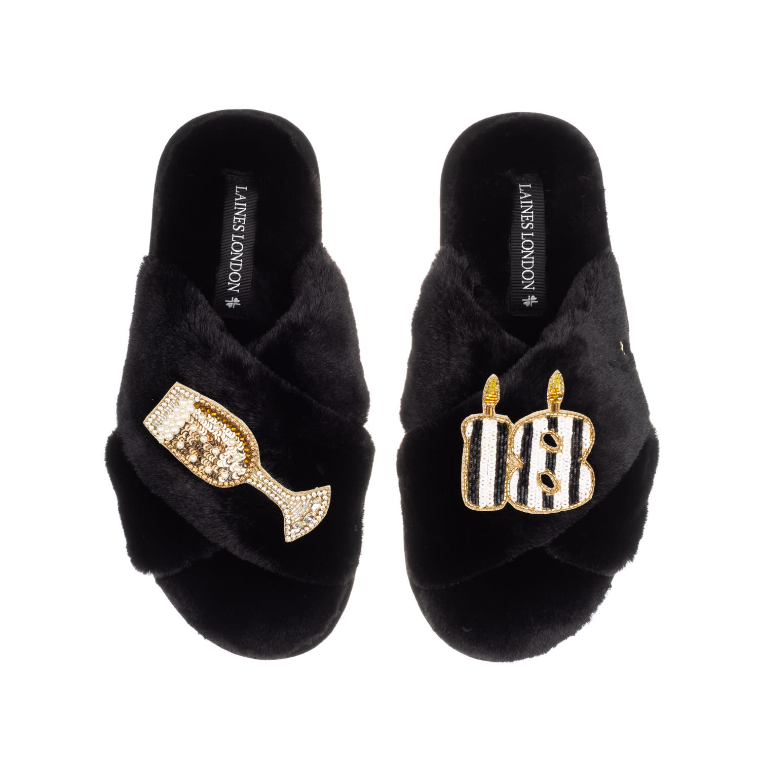 Laines London Women's Classic Laines Slippers With Stripe 18th Birthday & Glass Of Champagne Brooches - Black In Black