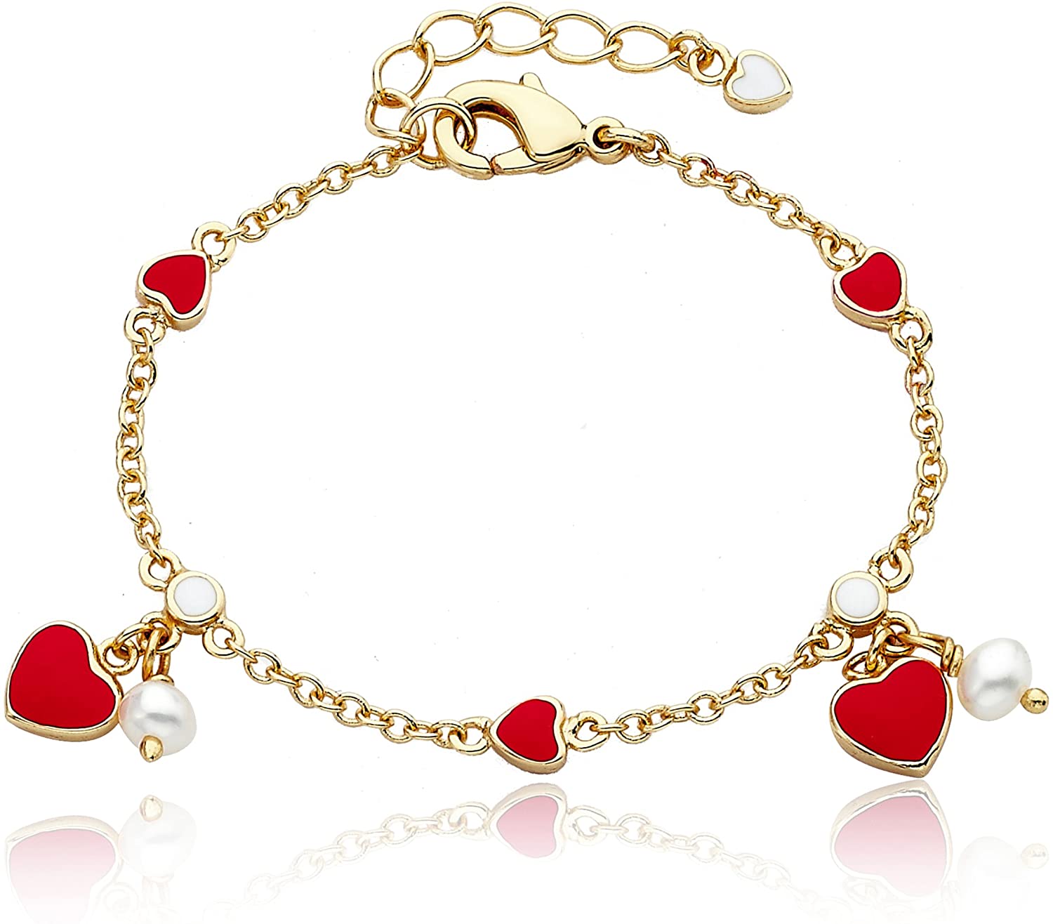 Genevive Jewelry Women's Gold / Red Rachel Glauber Yellow Gold Plated With Red Enamel Heart & Pearl Dangle Charm Brac In Multi