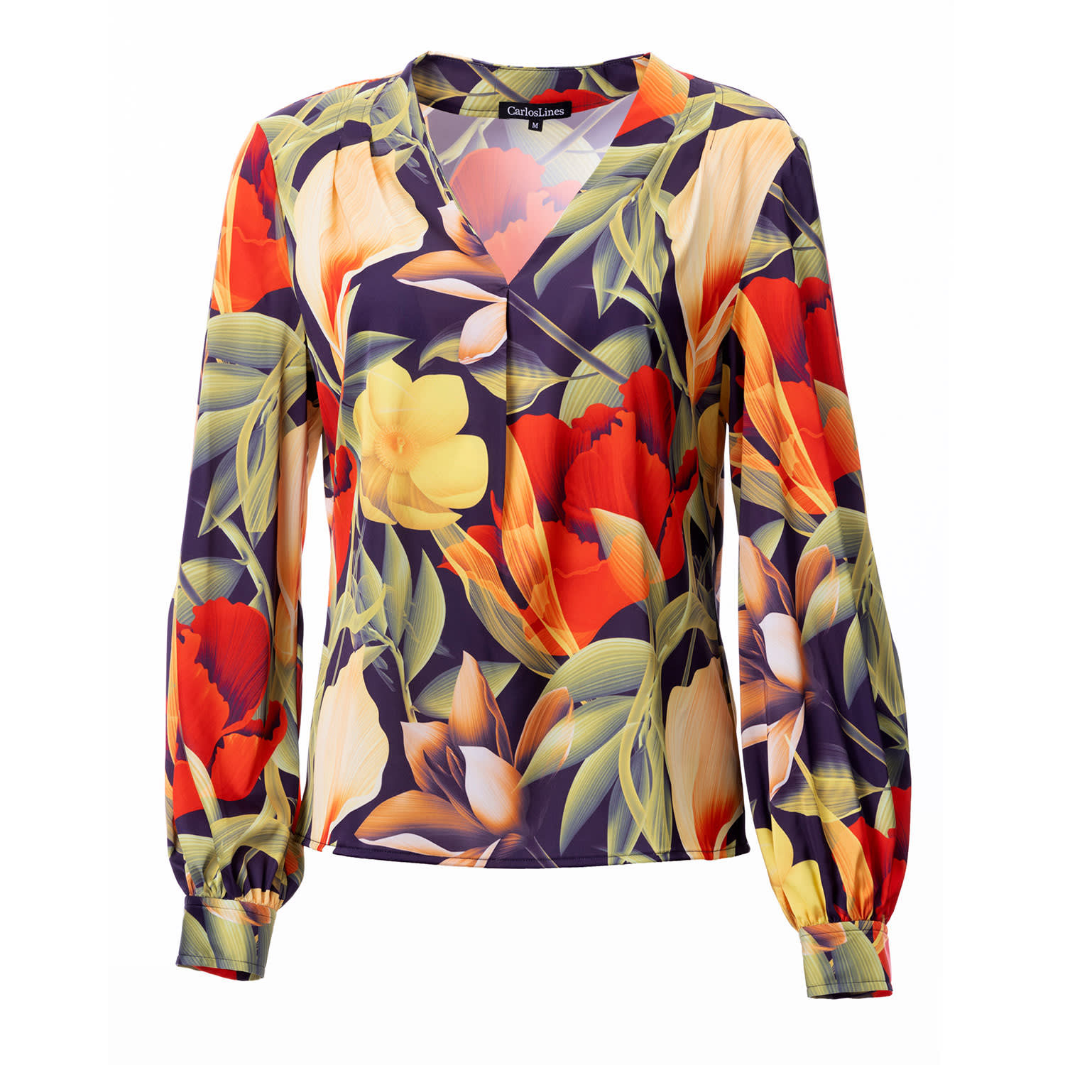 Carloslines Women's Blue V-neck Pleat Detail Balloon Long Sleeve Blouse In Digital Floral Print In Blue