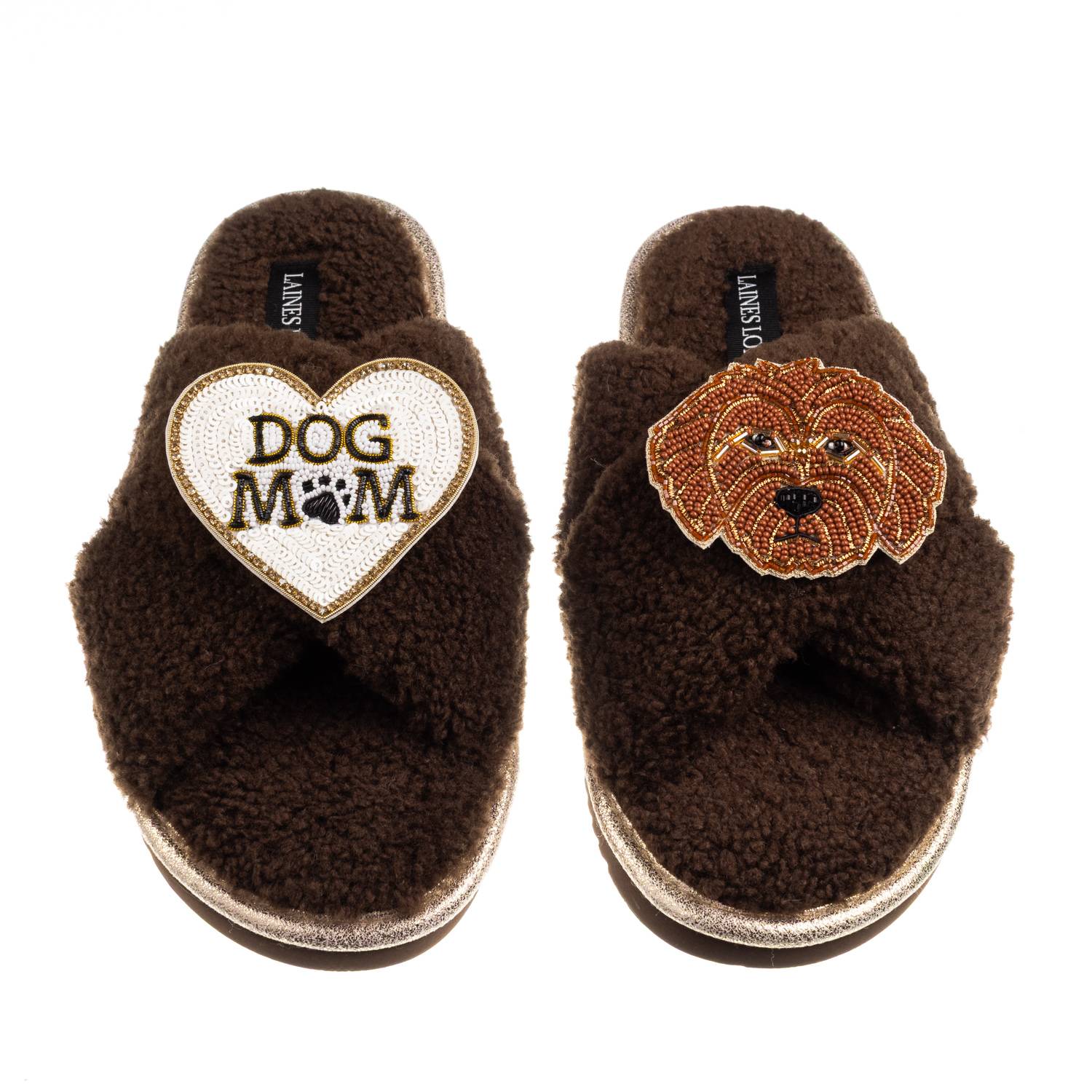 Laines London Women's Brown / Neutrals Boucle Slippers With Dog Mum/mom & Apricot Cockapoo Brooches - Chocolate In Brown