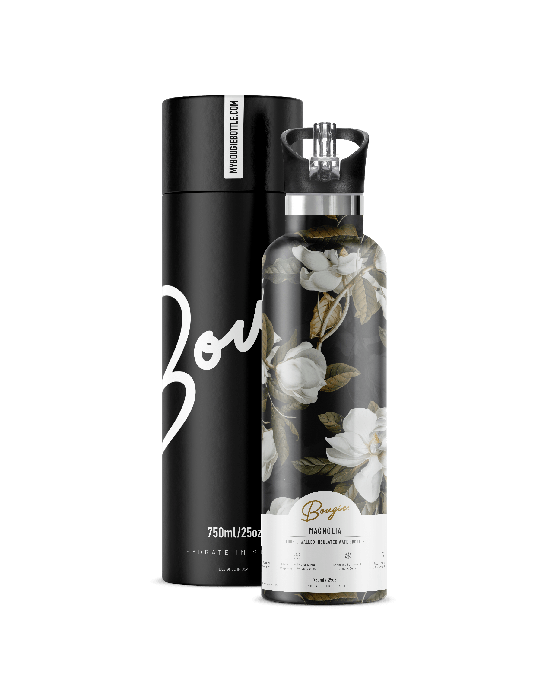 Women’s Green / Black / White Magnolia Insulated Water Bottle With Flip ’N’ Sip Lid One Size My Bougie Bottle