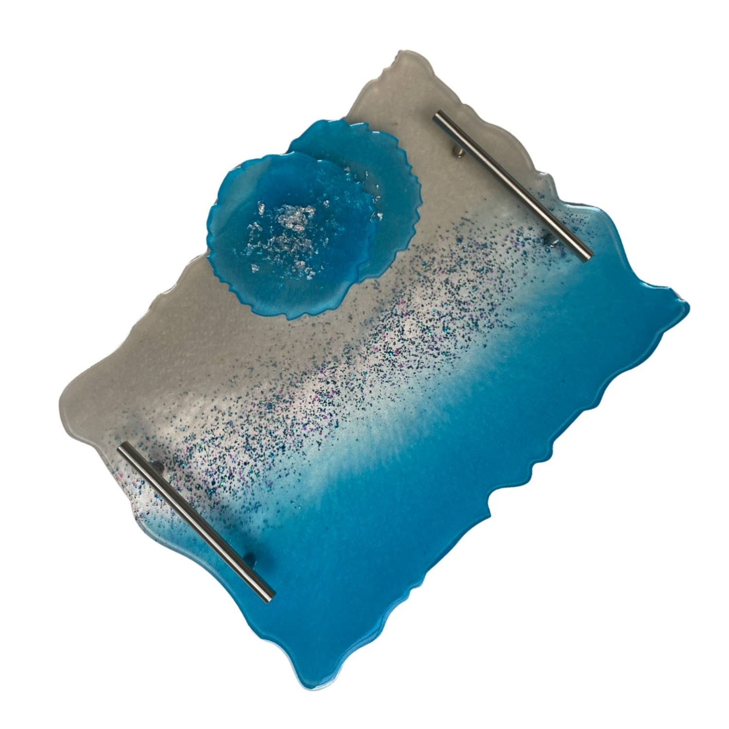 By Shax Blue / Silver Large Festive Glitter Tray With Matching Coasters In Blue