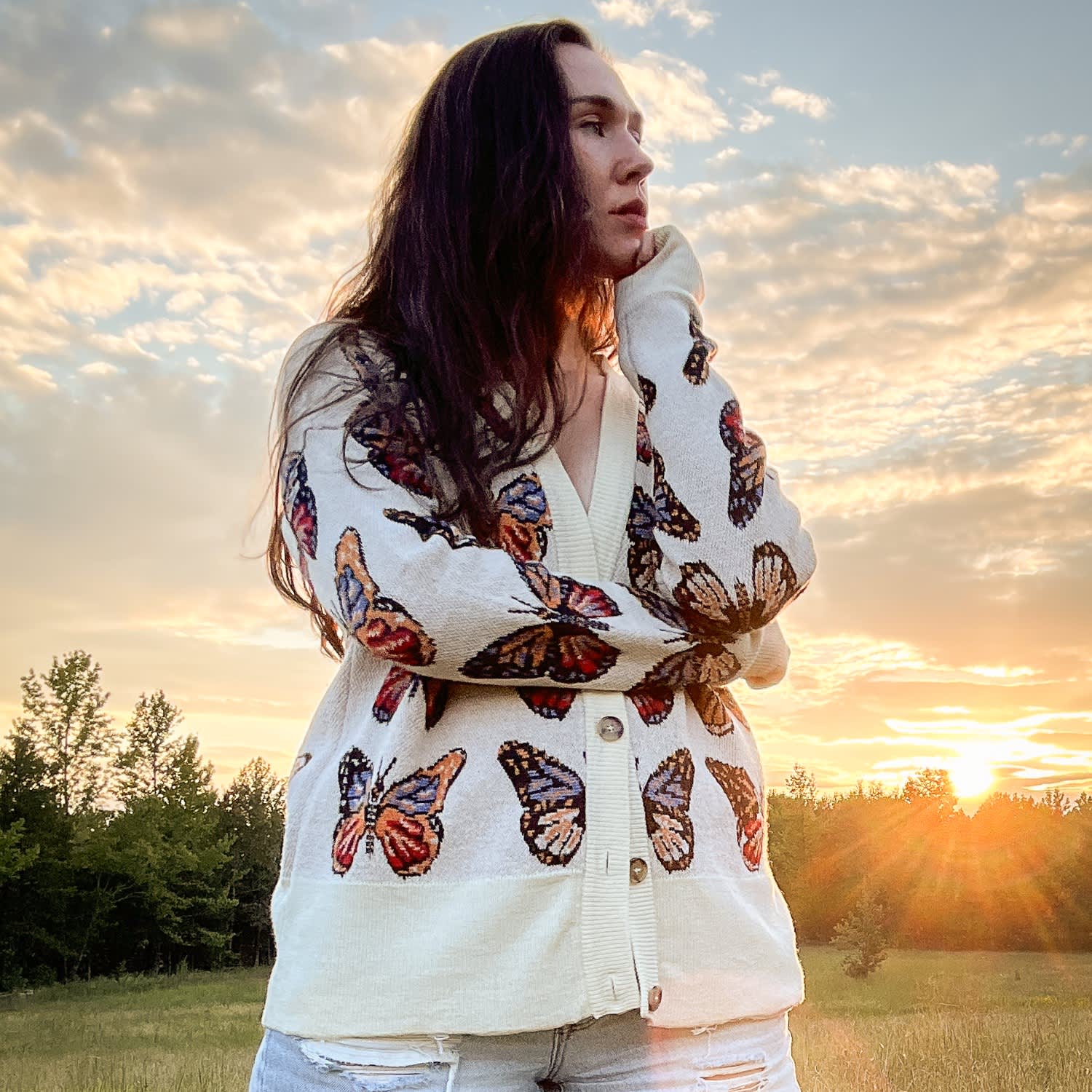 Butter Soft Merino Wool Cardigan In Butterfly Jacquard