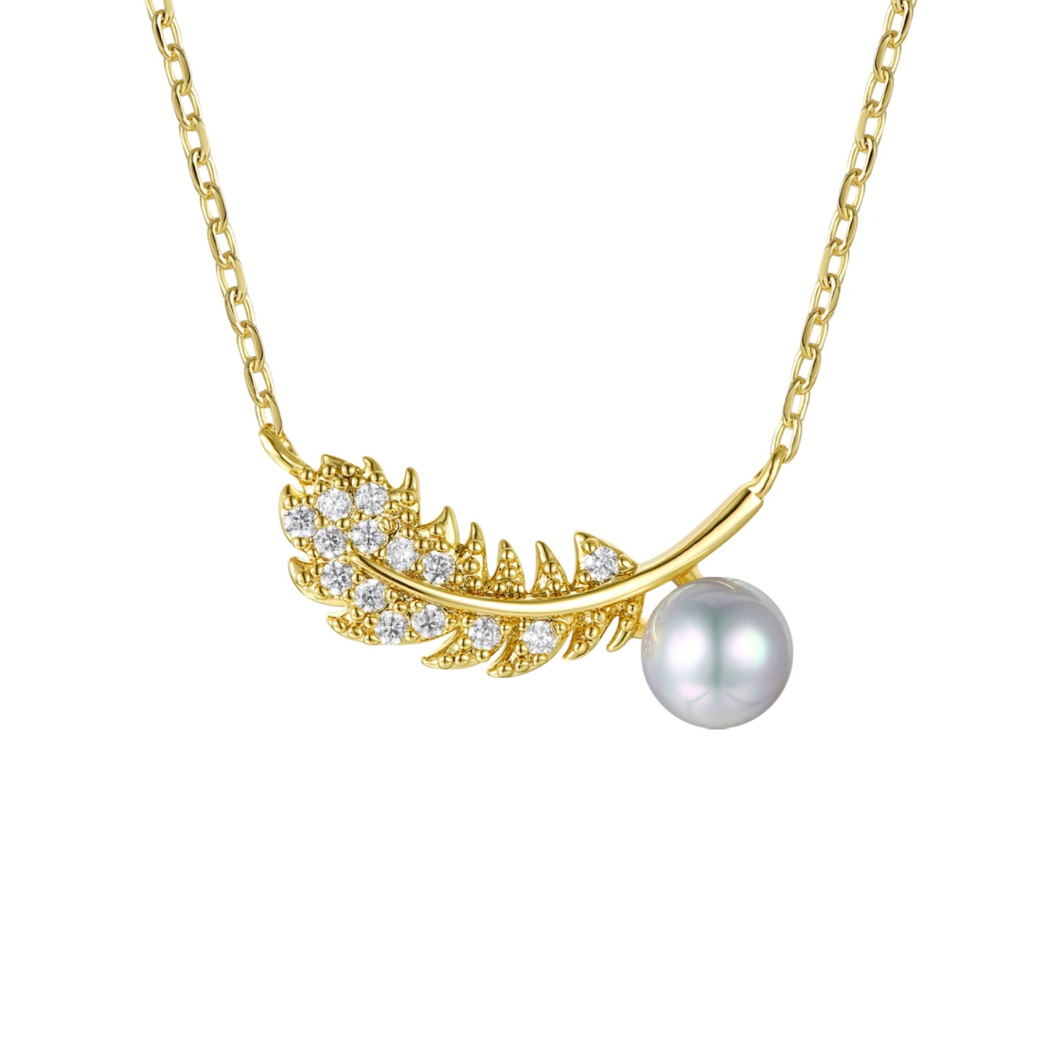 Women’s Gold Plated Sterling Silver With Cubic Zirconia & Faux Pearl Fern Leaf Pendant Necklace Genevive Jewelry