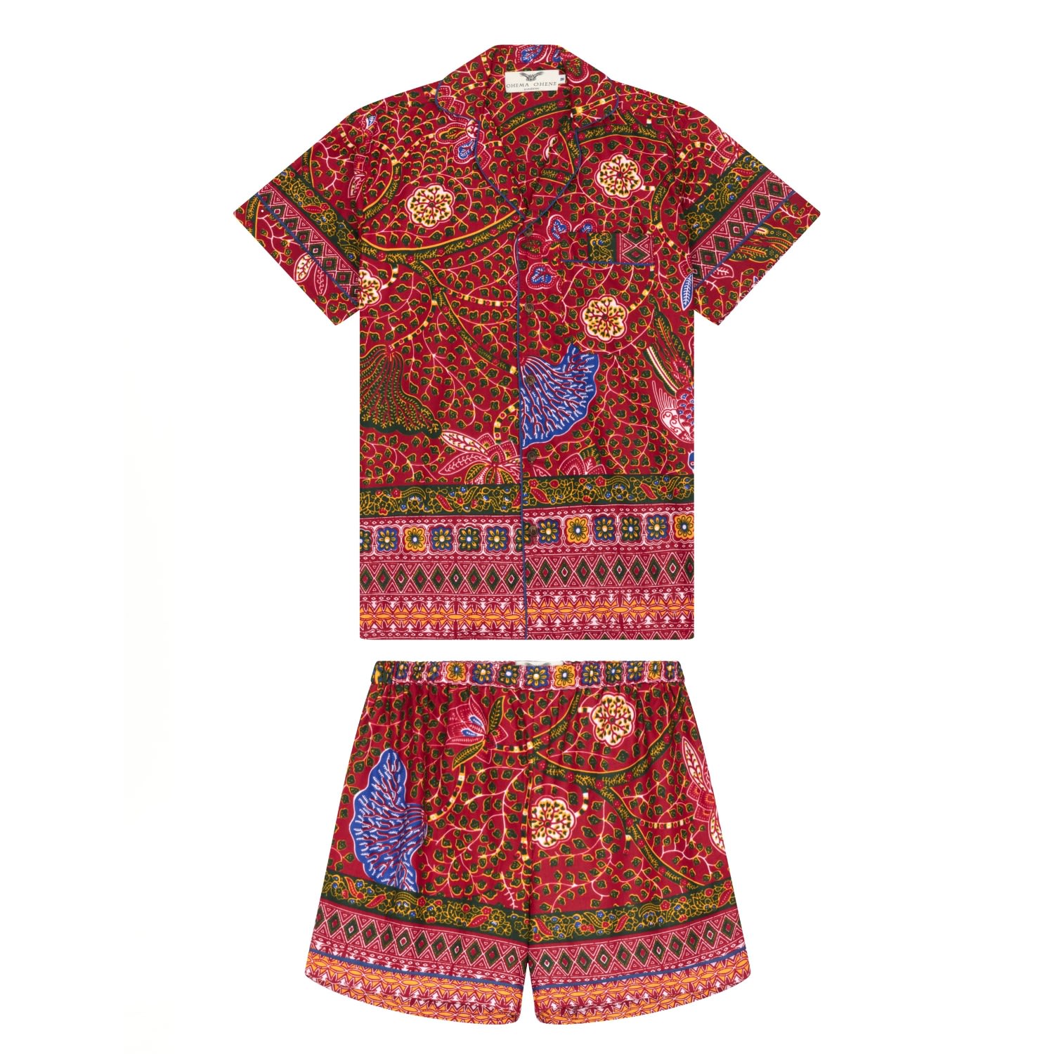 Ohema Ohene Women's Red Unisex Luxury African Print Pyjama Shorts Set- Wine In Red