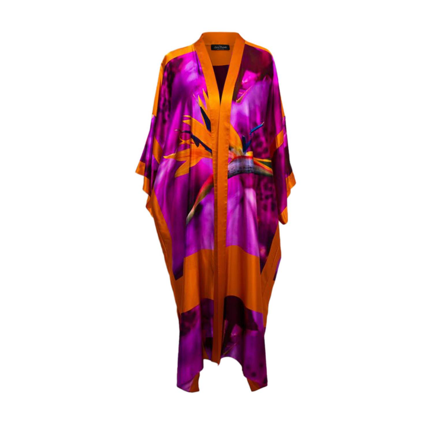 Women’s Pink / Purple / Yellow Bird Of Paradise Pink Purple Printed Silk Kimono One Size Sylvia Piechulla