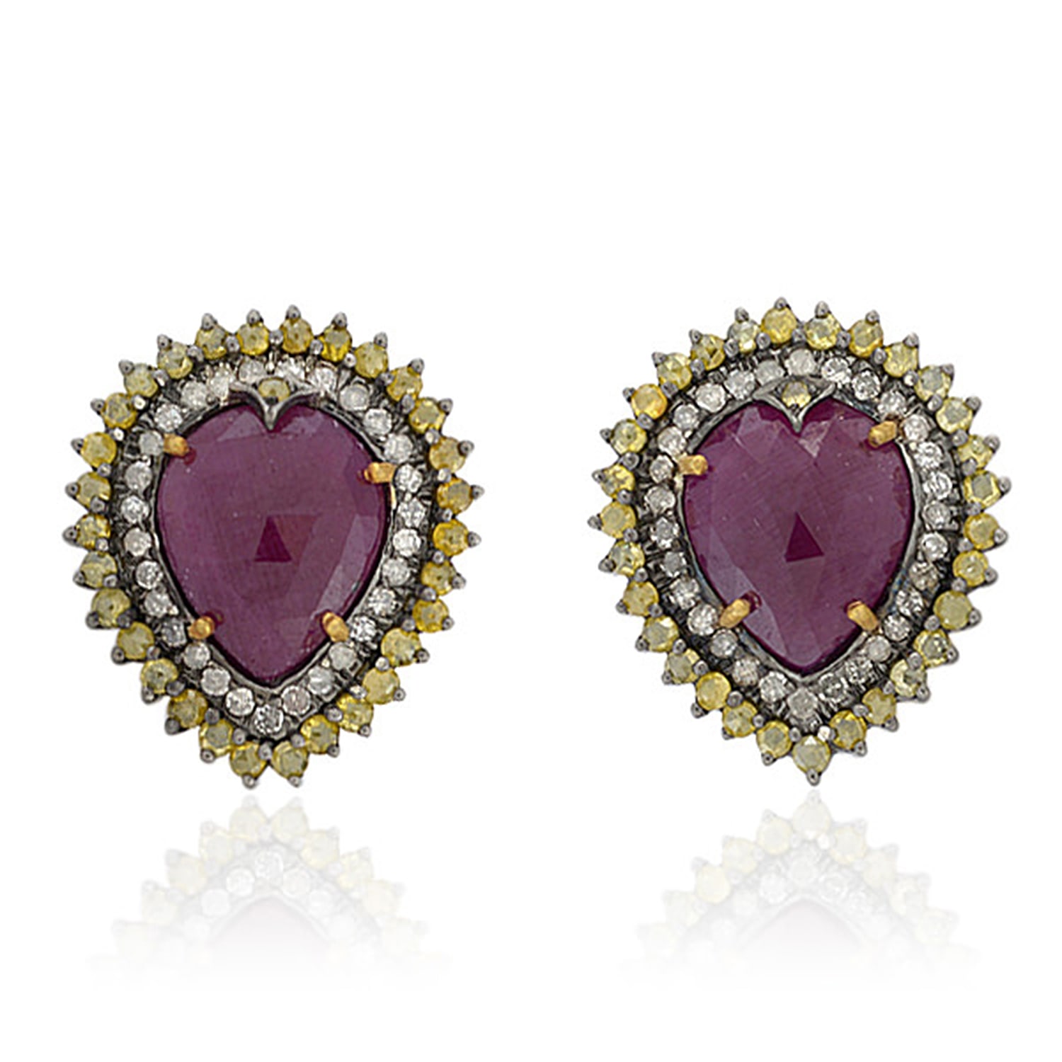 Women’s Gold / Red Ruby Heart Shape Pave Colored Diamond Stud Earring With 18K Gold In 925 Sterling Silver Artisan