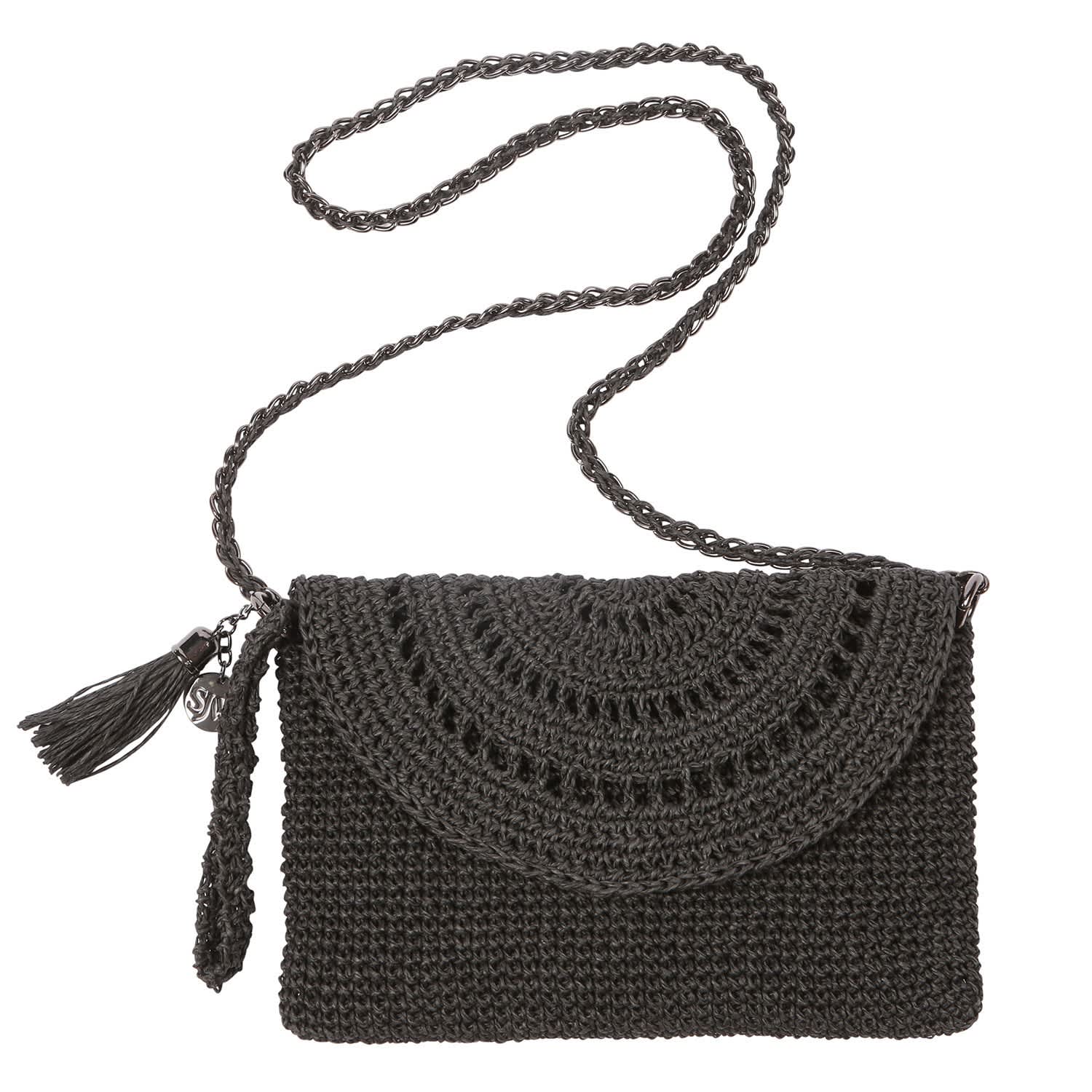 希少☆1930s Black Crochet ハンドバッグ がまぐち 黒電話 ばあば作、ポピーパフ編みのがま口バッグ（黒雛罌粟・C1616