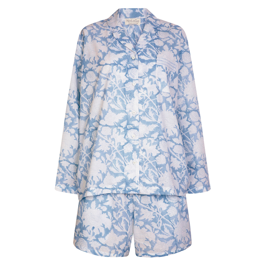 Nologo-chic Women's Hand Block Printed Cotton Shorts Pj Set Cotton De Nimes Blue