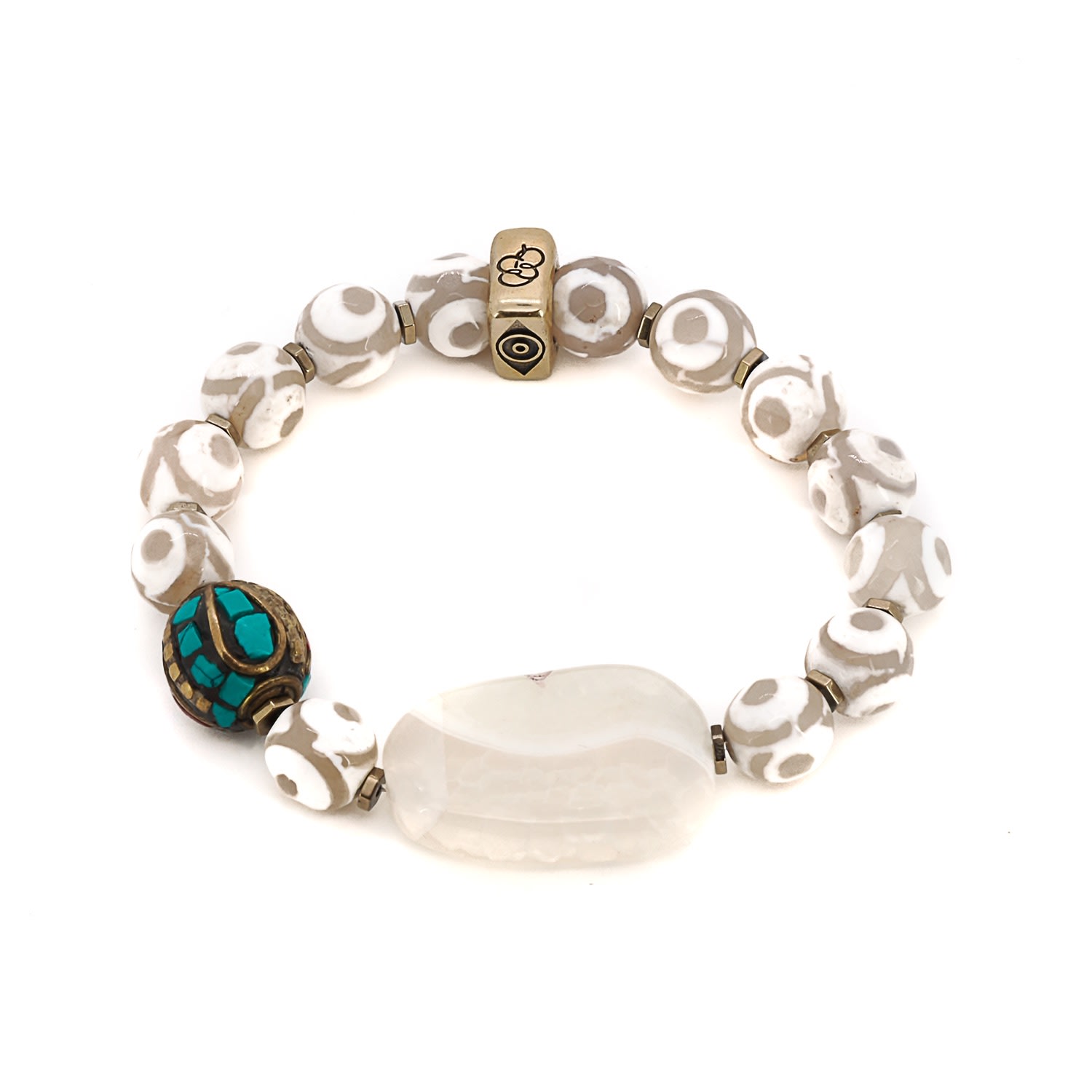 Women’s White / Gold / Green Eye Of Nepal Agate Beaded Bracelet - White Ebru Jewelry