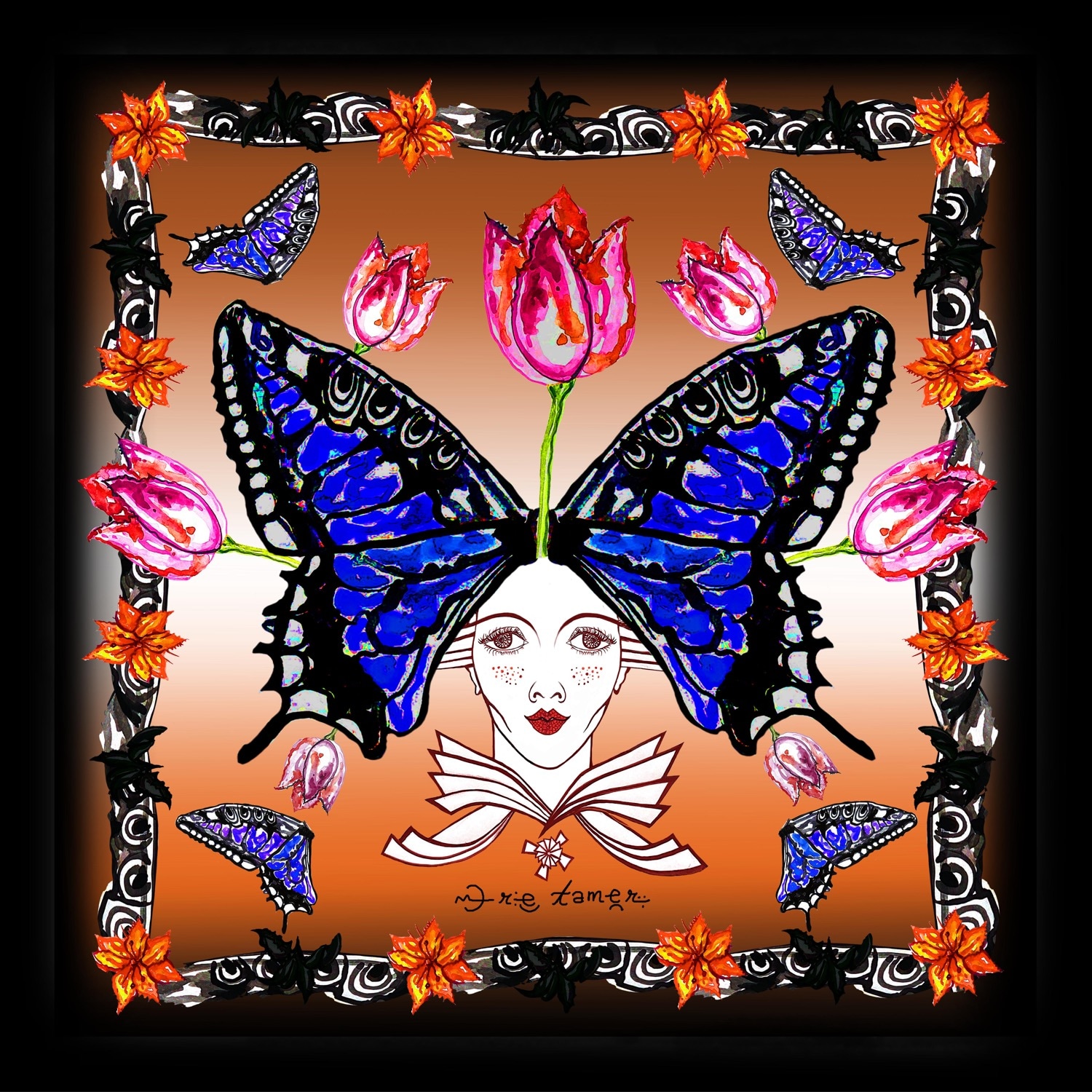 Women’s Red / Black Silk Scarf-Butterfly Emre Tamer-London