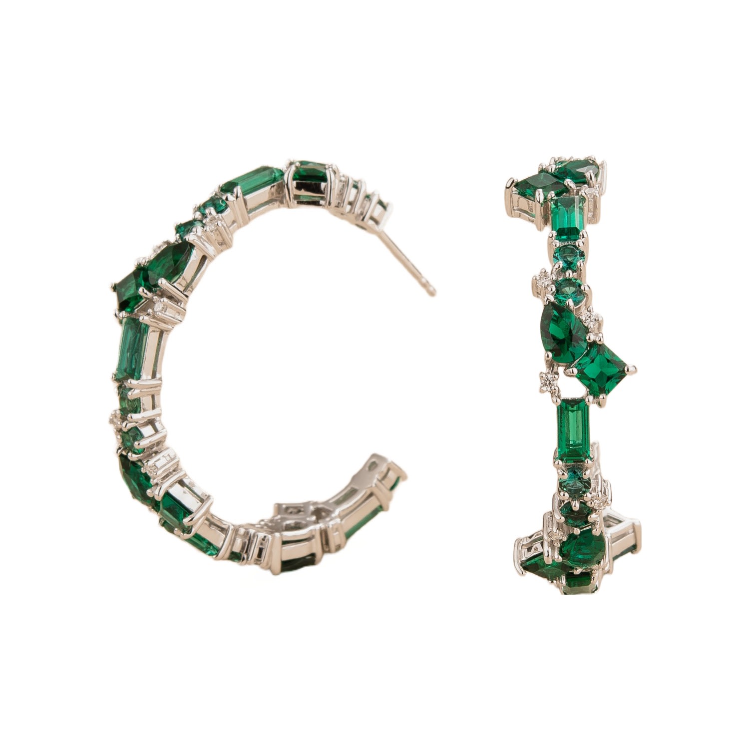 Juvetti Women's Green Emeralds & Diamonds Lanna White Gold Hoop Earrings