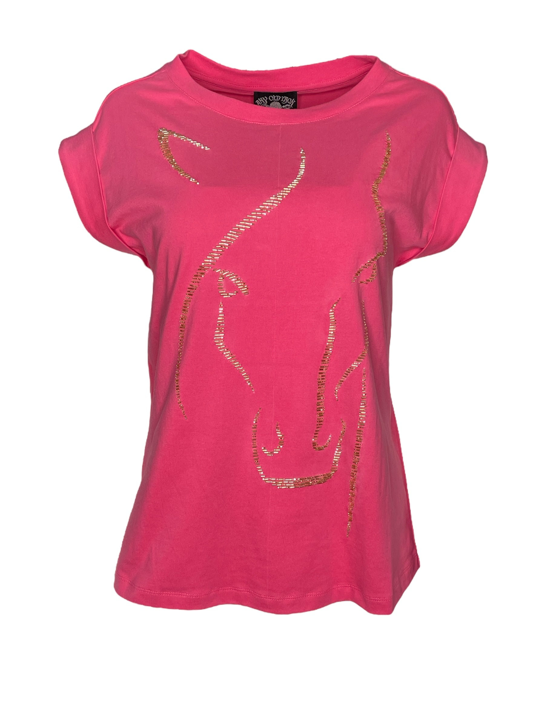 Any Old Iron Women's Gold / Pink / Purple Gold Beaded Pink Horse Face Cotton T-shirt