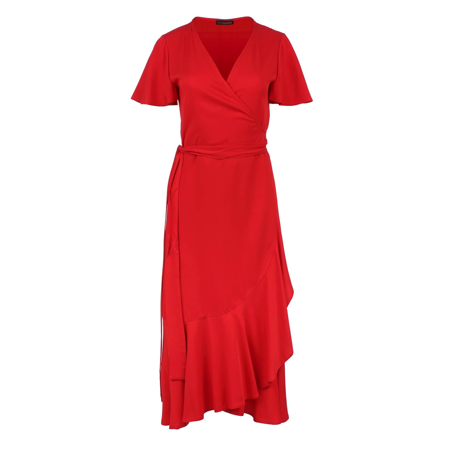 Women’s Red Ruffle Detail Wrap Dress Small Conquista