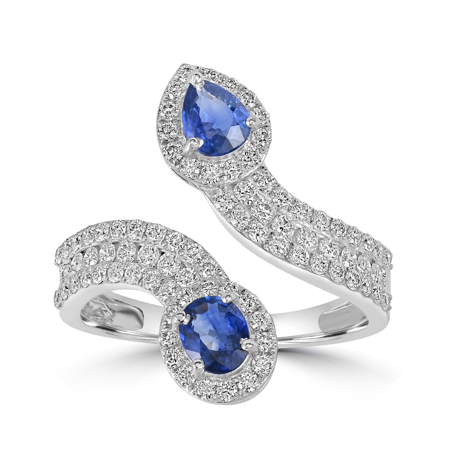 Artisan Women's White / Blue Blue Sapphire Pave Diamond Designer Bypass Ring In White Gold