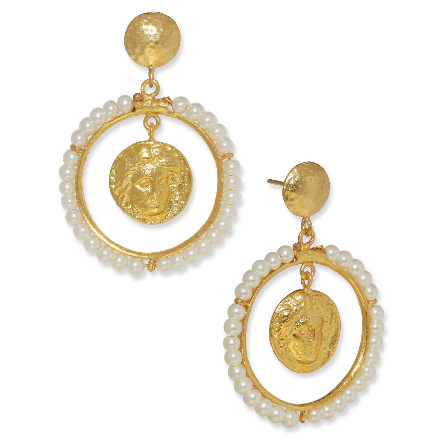 Women’s Gold / White Gorgon Medusa Pearl Beaded Front Hoop Earrings Ottoman Hands