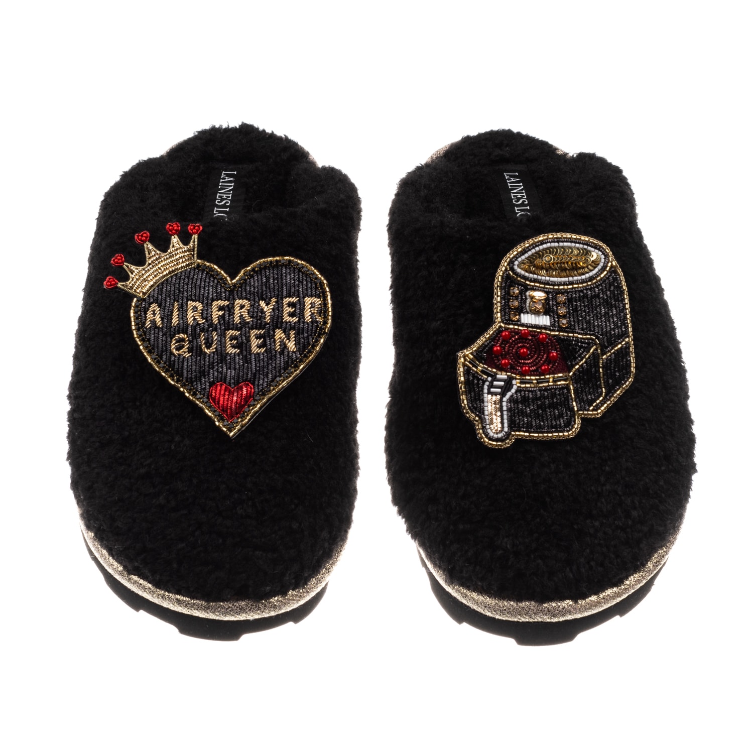 Laines London Women's Teddy Closed Toe Laines X Juliet Sear Slippers With Airfryer Queen Brooches - Black In Black