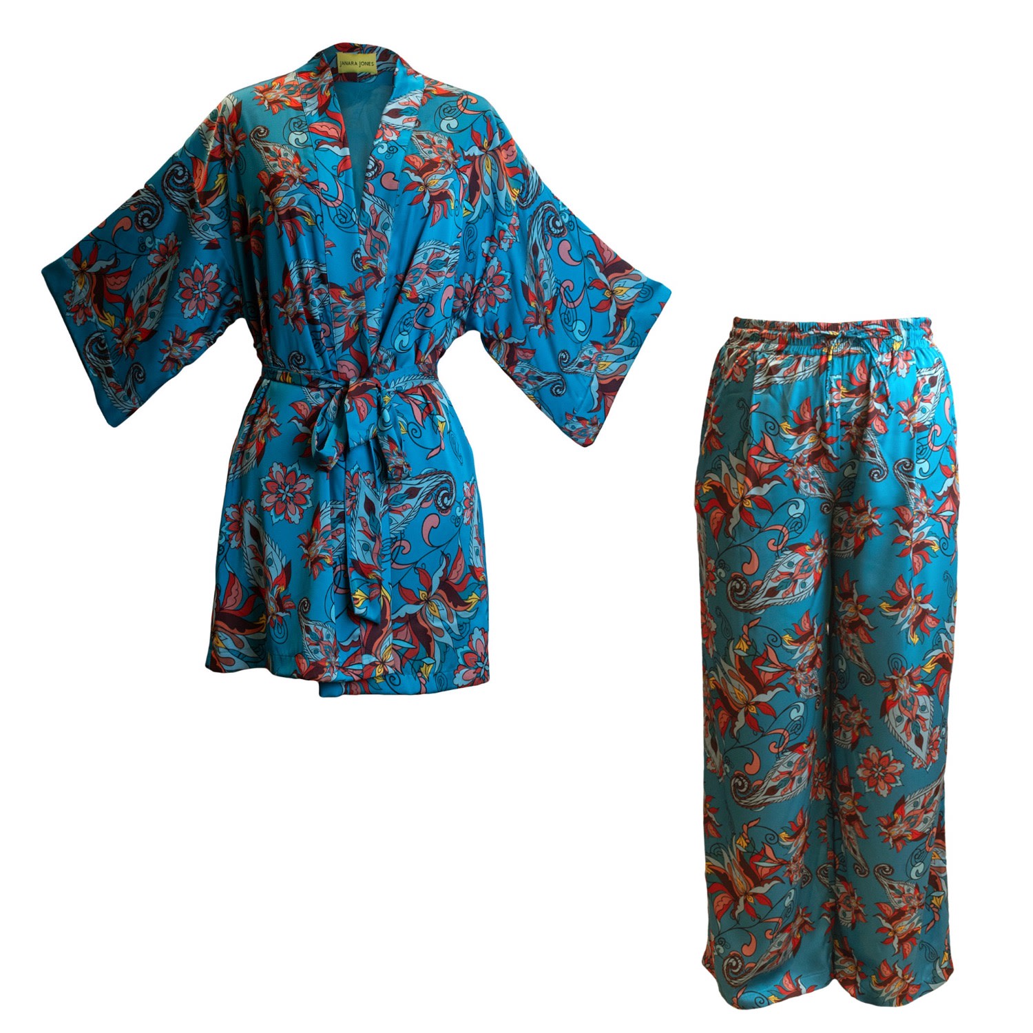 Janara Jones Blue Floral Paisley Printed Satin Matching Set In Blue
