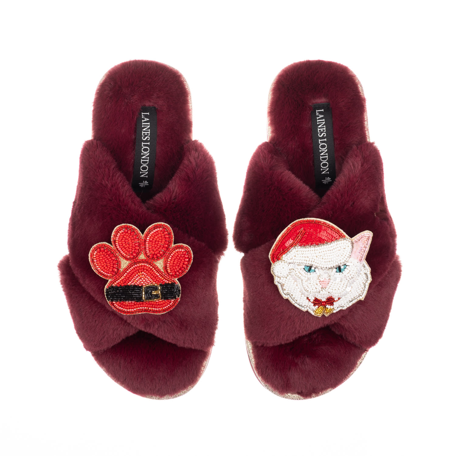 Laines London Women's Red Classic Slippers With Christmas White Persian Cat & Paw Brooches - Limited Edition Burgu In Burgundy