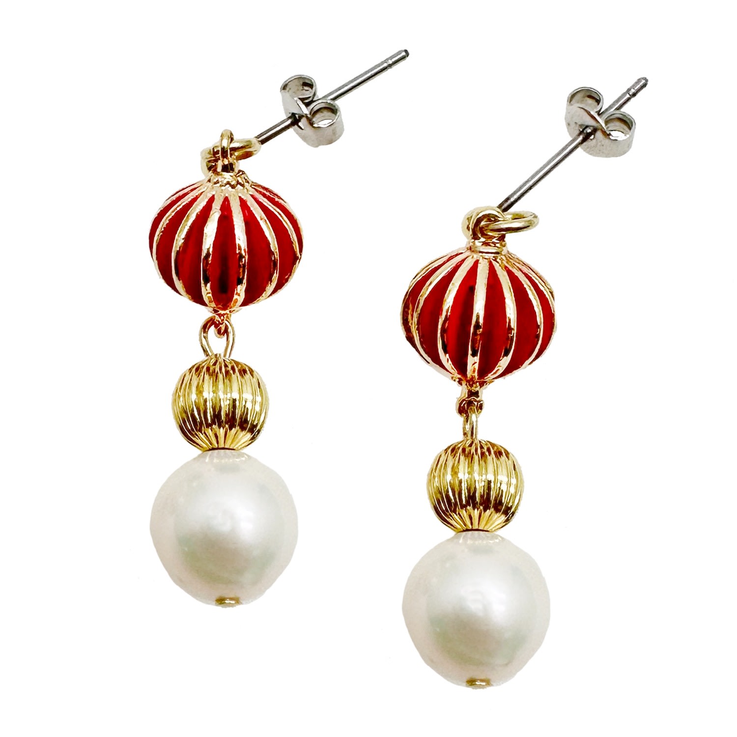 Farra Women's Red / Gold / White Red Bamboo Coral Freshwater Pearls Dangle Earrings In Multi