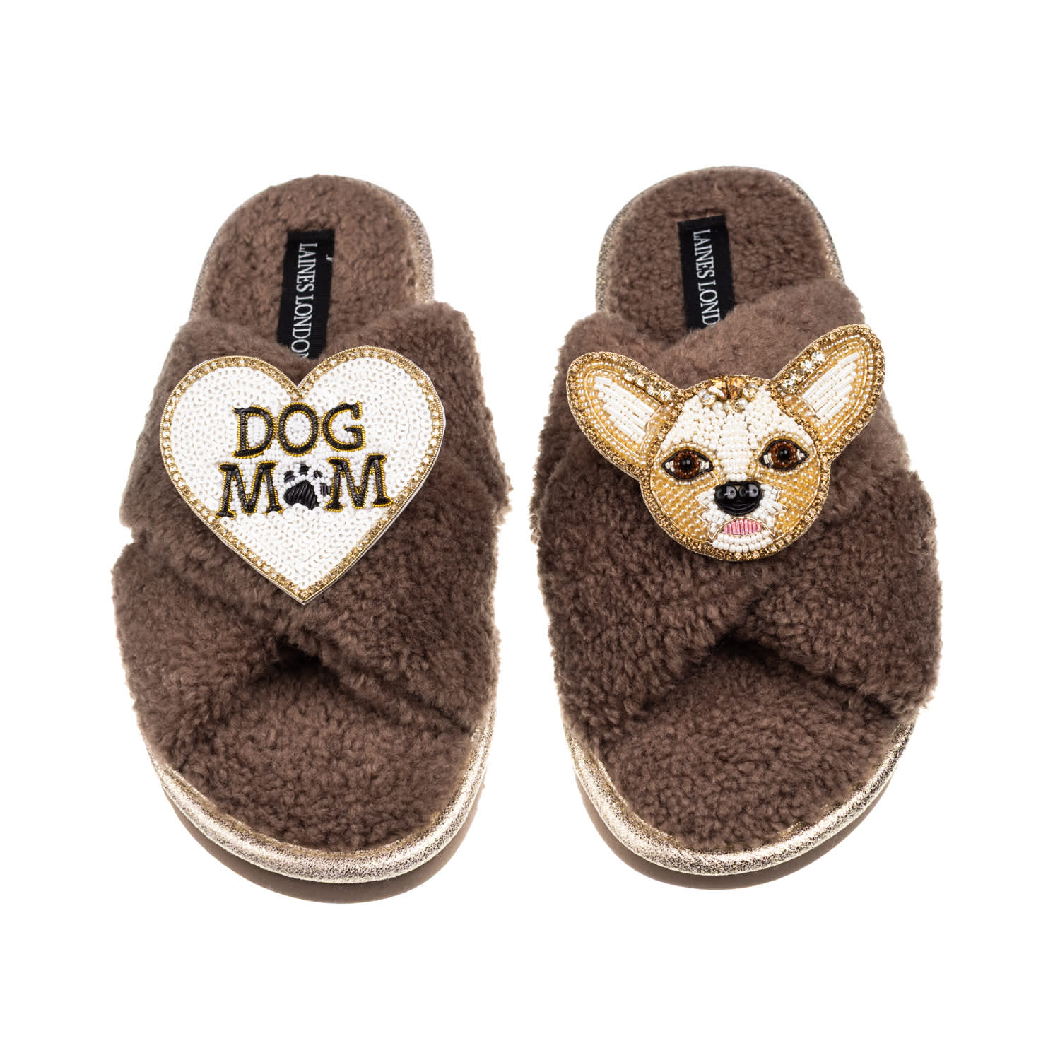 Laines London Women's Brown / Neutrals Laines Neutral Boucle Slippers With Princess Chihuahua & Dog Mum / Mom Broo