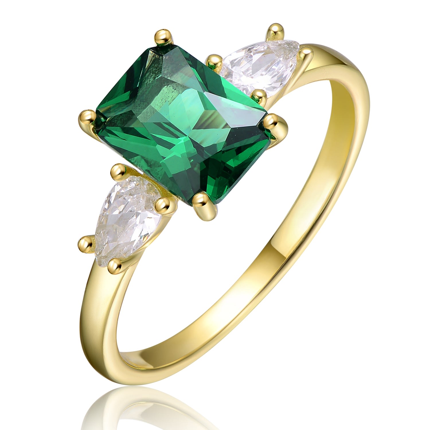 Women’s Sterling Silver Yellow Gold Plated Emerald & Cubic Zirconia Tri Stone Engagement Anniversary Ring Genevive Jewelry