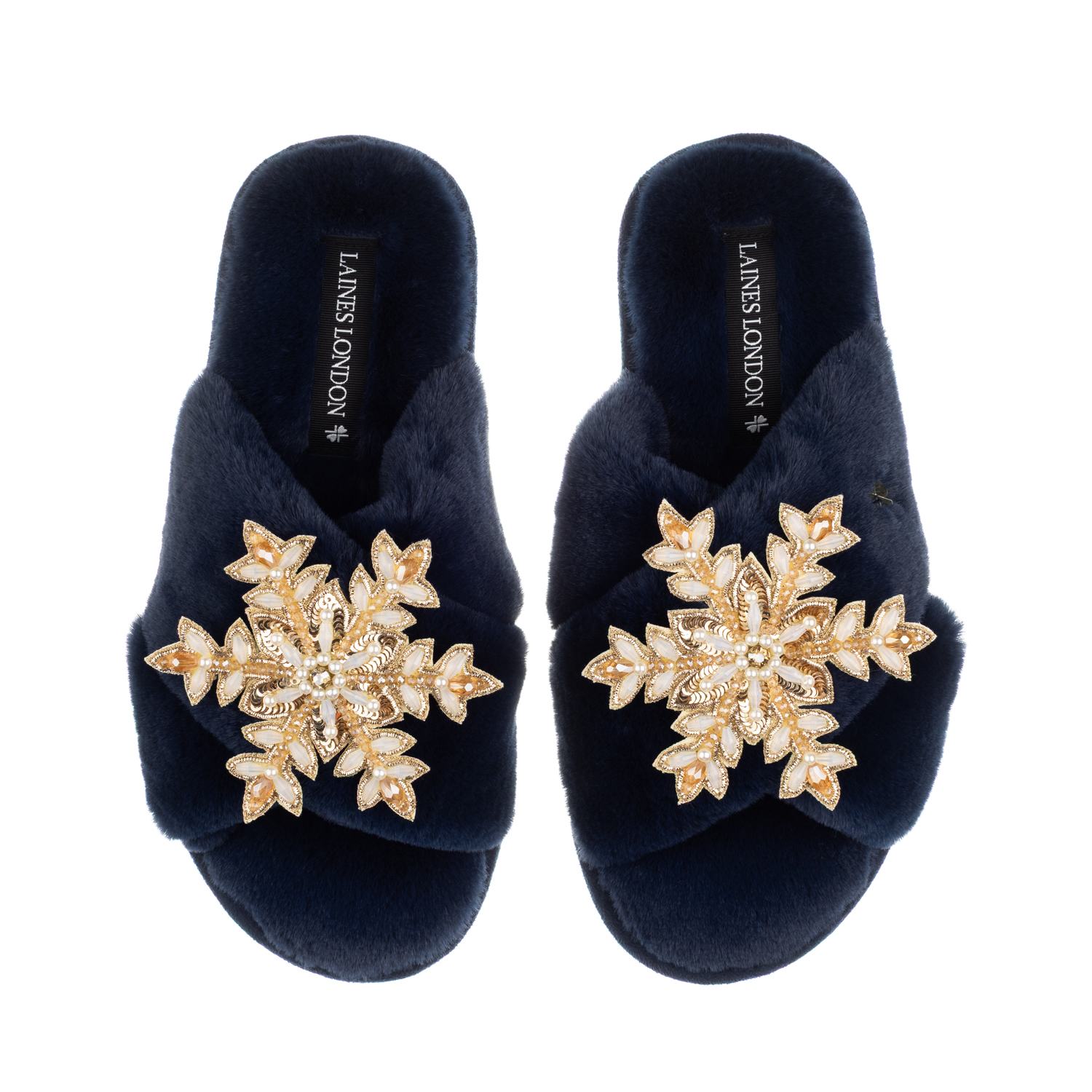 Laines London Women's Blue Classic Laines Christmas Collection Slippers With Double Cream & Gold Snowflake Brooche In Blue