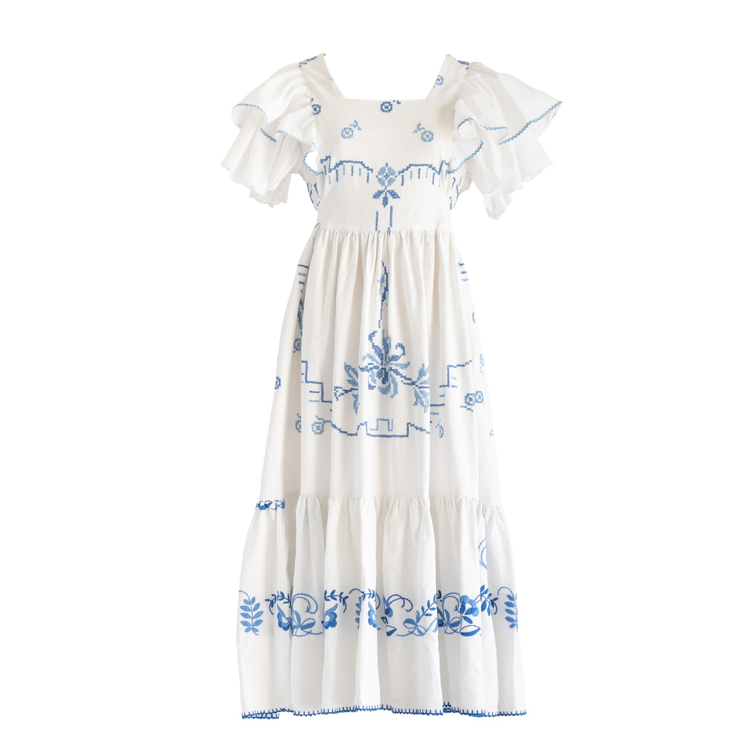 Women’s Re-Design Upcycled Blue-Cross Stitch Floral Maxi Dress Large Sugar Cream Vintage